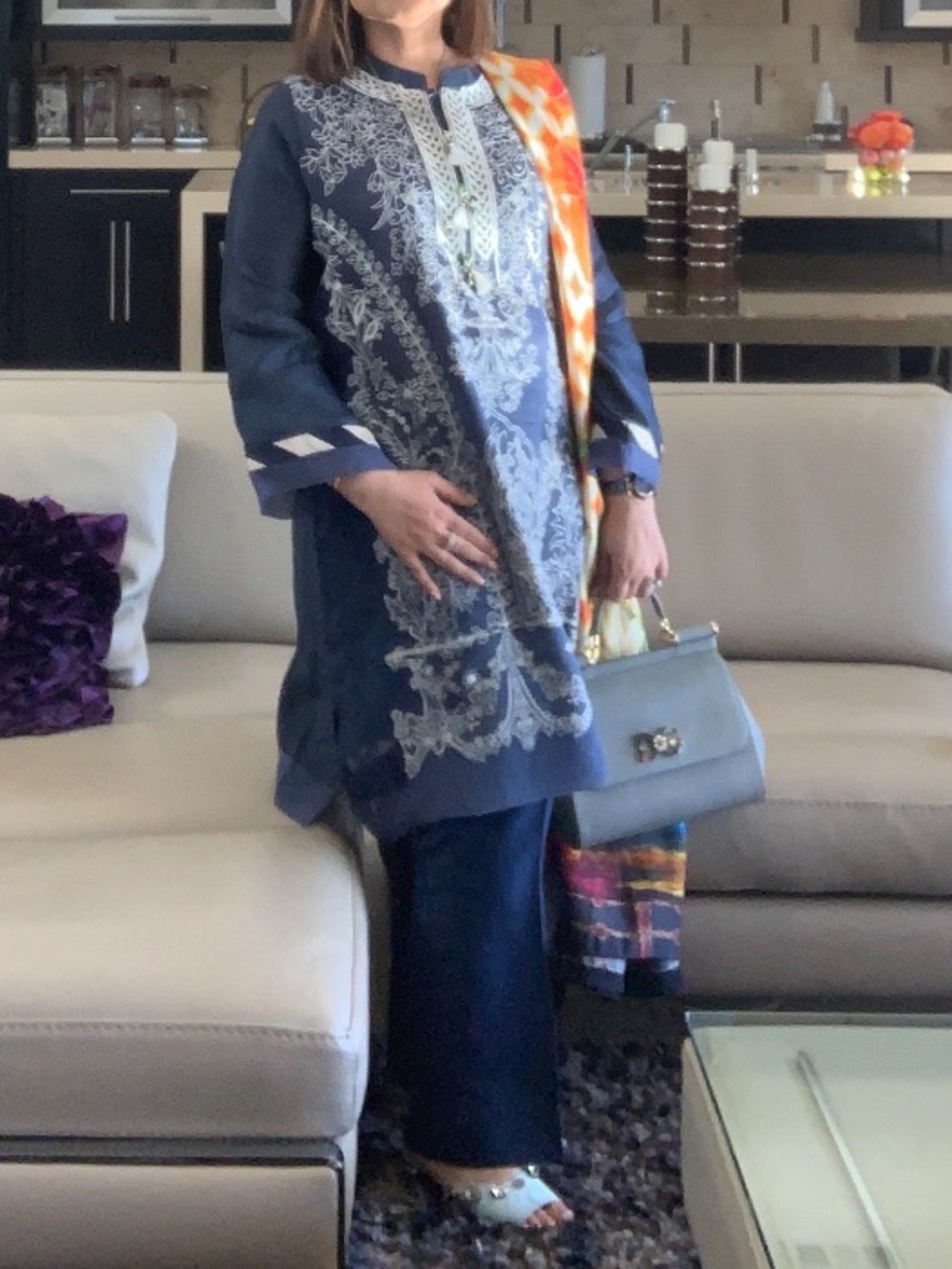 Navy Blue Long-Sleeve Embroidered Tunic Dress